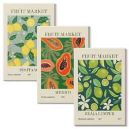 Canvas Set Of 3 - Fruity Patterns Lemons, Papayas, & Limes, Green Wall Art, Food Drinks Hanging Piece - thumbnail 2