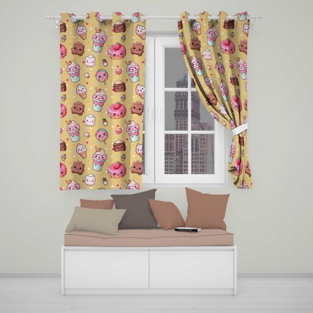 Desserts Cupcakes Donuts & Sweets On Soft Yellow Background Seamless Pattern Readymade Eyelet Ring Top Thermal 100% Blackout Curtains - image 1