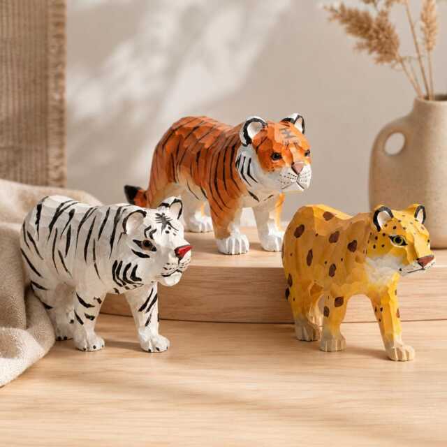 Hand-Carved Wooden Big Cat Figurines Safari Animal Nursery Decor Faceted Wood Art Tiger Leopard Cheetah Statue Gift For Lover - image 1