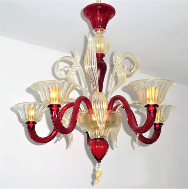 Murano Glass Chandelier in Ruby Red & Crystal With 24K Gold Accents, 5 Light Chandelier, Contemporary - image 1