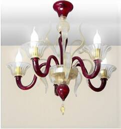 Murano Glass Chandelier in Ruby Red & Crystal With 24K Gold Accents, 5 Light Chandelier, Contemporary - thumbnail 2
