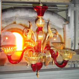 Murano Glass Chandelier in Ruby Red & Crystal With 24K Gold Accents, 5 Light Chandelier, Contemporary - thumbnail 3