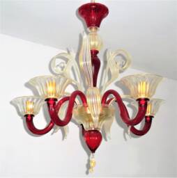 Murano Glass Chandelier in Ruby Red & Crystal With 24K Gold Accents, 5 Light Chandelier, Contemporary