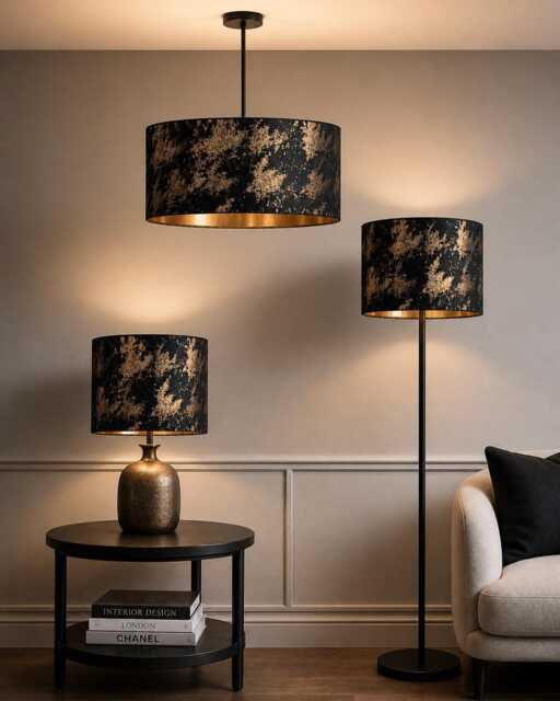 New Exclusive Handmade Black Gold Foiled Velvet Drum Lamp Shade Pendant Light All Shapes Sizes Available - image 1
