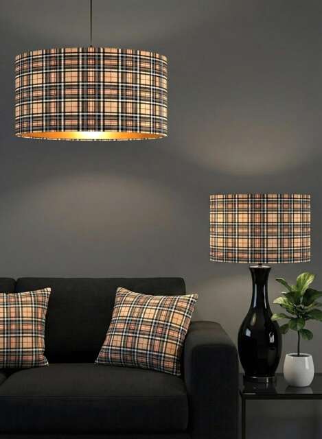 Handmade By Order Luxury Beige Brown Tartan Pattern On Velvet Fabric Drum Lamp Shade Pendant Light All Shapes & Sizes Available - image 1