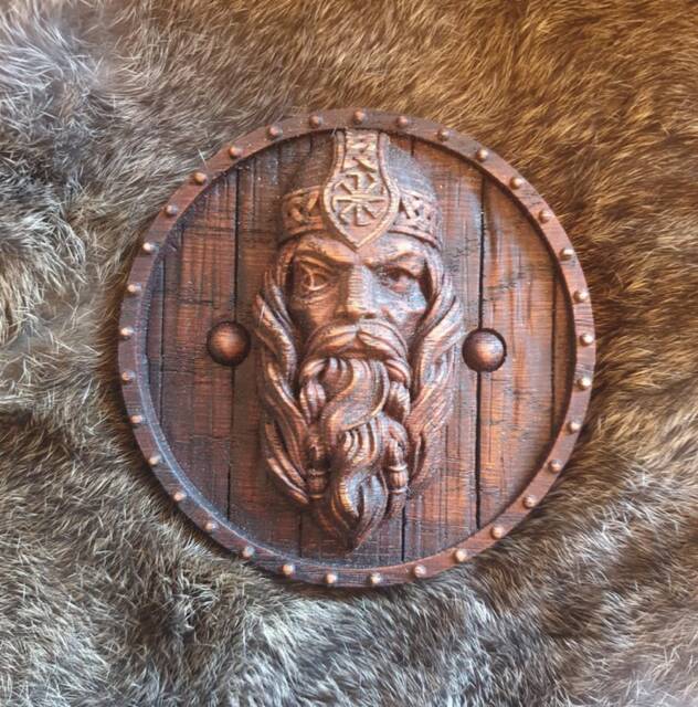 Norse Viking God Odin Wood Carving Oak Shield Onlay Pagan Carved Thor Decor - image 1