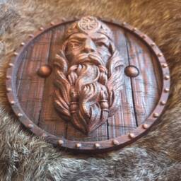 Norse Viking God Odin Wood Carving Oak Shield Onlay Pagan Carved Thor Decor - thumbnail 2