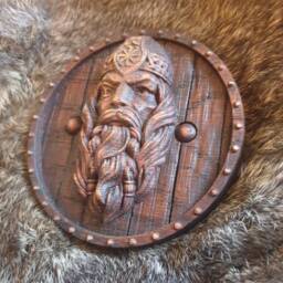 Norse Viking God Odin Wood Carving Oak Shield Onlay Pagan Carved Thor Decor - thumbnail 3
