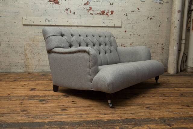 Handmade 2 Seater Warm Grey Herringbone Wool Low Chesterfield Sofa - image 1
