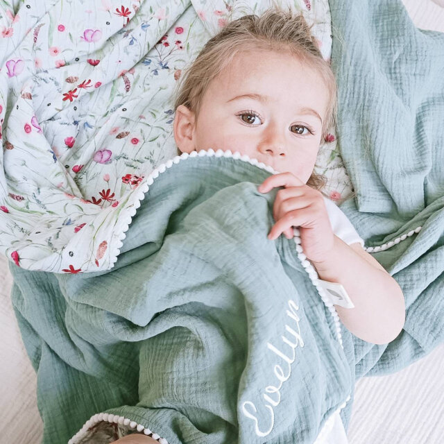 Personalized Floral Muslin Baby Blanket, Organic Cotton Pom Blanket - image 1