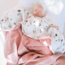 Personalized Floral Muslin Baby Blanket, Organic Cotton Pom Blanket - thumbnail 3
