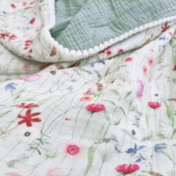 Personalized Floral Muslin Baby Blanket, Organic Cotton Pom Blanket - thumbnail 2