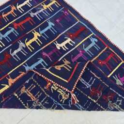 Handmade Navy Blue Donkey Kilim Rug, Colorful Afghan Wool Tribal Art - 2.6x3.6 Ft - thumbnail 4