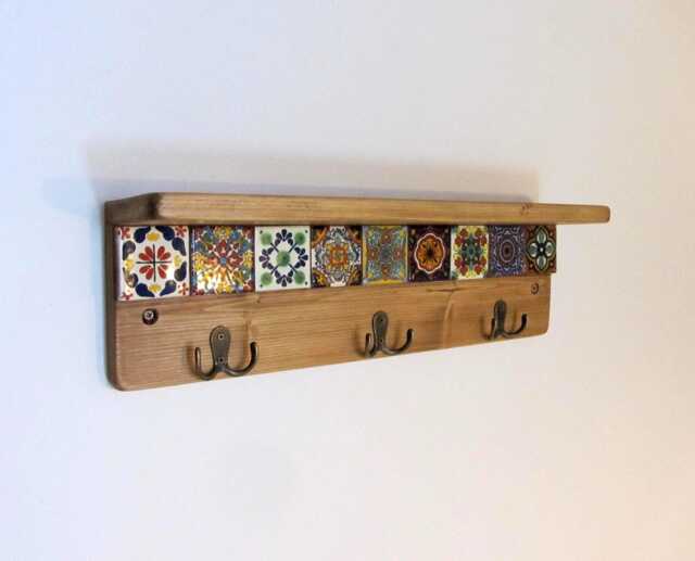 Rustic Wood Key Holder With Mexican Tiles & Bronze Hooks - image 1