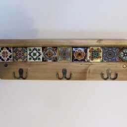 Rustic Wood Key Holder With Mexican Tiles & Bronze Hooks - thumbnail 2