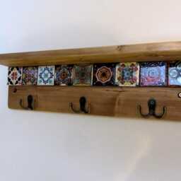 Rustic Wood Key Holder With Mexican Tiles & Bronze Hooks - thumbnail 4