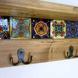 Rustic Wood Key Holder With Mexican Tiles & Bronze Hooks - thumbnail 3