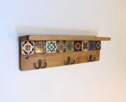 Rustic Wood Key Holder With Mexican Tiles & Bronze Hooks