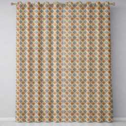 Vintage Blue Beige Ceramic Tile Floral Pattern Seamless Readymade Eyelet Ring Top Thermal 100% Blackout Curtains - thumbnail 2