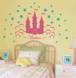 Castle Wall Decal, Fairy Princess Personalized Decal For Girls, Sticker Nursery Baby Room Decor Art - thumbnail 1