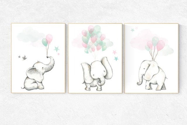Elephant Nursery Print Pink Teal Balloons, Animal Wall Art - image 1
