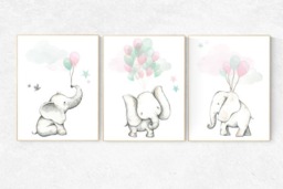 Elephant Nursery Print Pink Teal Balloons, Animal Wall Art - thumbnail 1