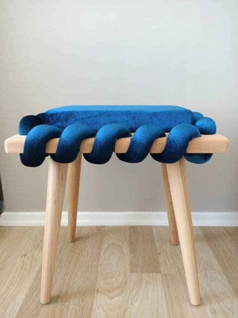 Ottoman Stool in Turquoise Cross Wavy Velvet Fabric, Stool, Living Room Design Stool, Office Furniture, Birthday Gift, Woven Chair - image 1
