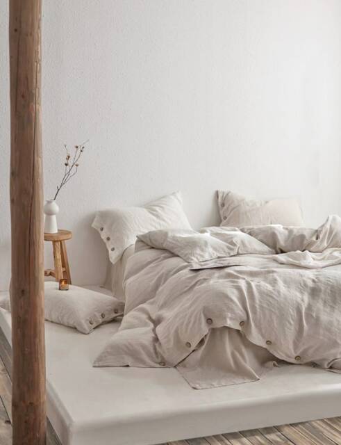 Linen Bedding Set With Coconut Button. Natural King, Queen Duvet Cover Set, 3 Piece Washed Linen Bedding Set Includes 2 Pillowcases - image 1