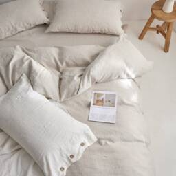 Linen Bedding Set With Coconut Button. Natural King, Queen Duvet Cover Set, 3 Piece Washed Linen Bedding Set Includes 2 Pillowcases - thumbnail 3