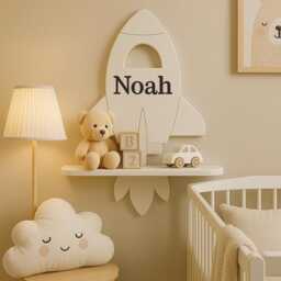 Personalized Space Rocket Shelf, White Wood Nursery Decor - thumbnail 1