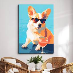 Vibrant Corgi Drinking With Glasses Painting Framed Poster Print & Canvas Wall Decor Art Bedroom Home Interior Dog Lover Gift Idea - thumbnail 1