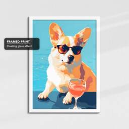 Vibrant Corgi Drinking With Glasses Painting Framed Poster Print & Canvas Wall Decor Art Bedroom Home Interior Dog Lover Gift Idea - thumbnail 3