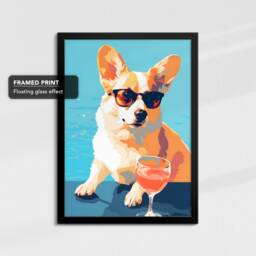 Vibrant Corgi Drinking With Glasses Painting Framed Poster Print & Canvas Wall Decor Art Bedroom Home Interior Dog Lover Gift Idea - thumbnail 2