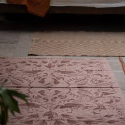 Beige Hand Printed Flatwoven Cotton Kilim Rug - Bedroom Kids Living Room Aesthetic Neutral Soft Low Pile Washable 3x5 5x7 Bird Theme - thumbnail 3