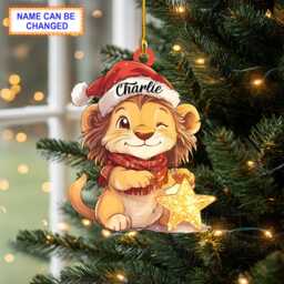 Custom Name Lion Smiling With Santa Hat & Big Star Christmas Ornament, Tree Hanging Decor, Flat 2D Ornament - thumbnail 1