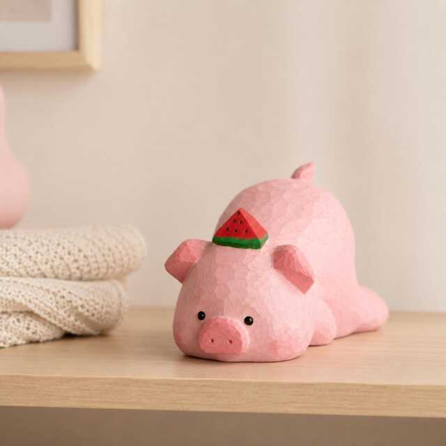Adorable Wooden Pig Figurine With Watermelon, Hand Carved Animal Decor, Cute Desk Accessory, Unique Gift For Lovers - image 1