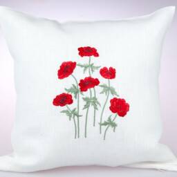 Embroidered Poppies Linen Pillow Cover - White Cushion - thumbnail 2
