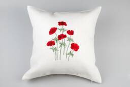 Embroidered Poppies Linen Pillow Cover - White Cushion - thumbnail 1
