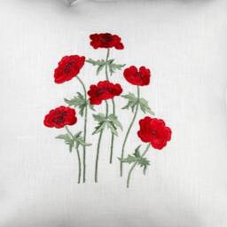 Embroidered Poppies Linen Pillow Cover - White Cushion - thumbnail 3