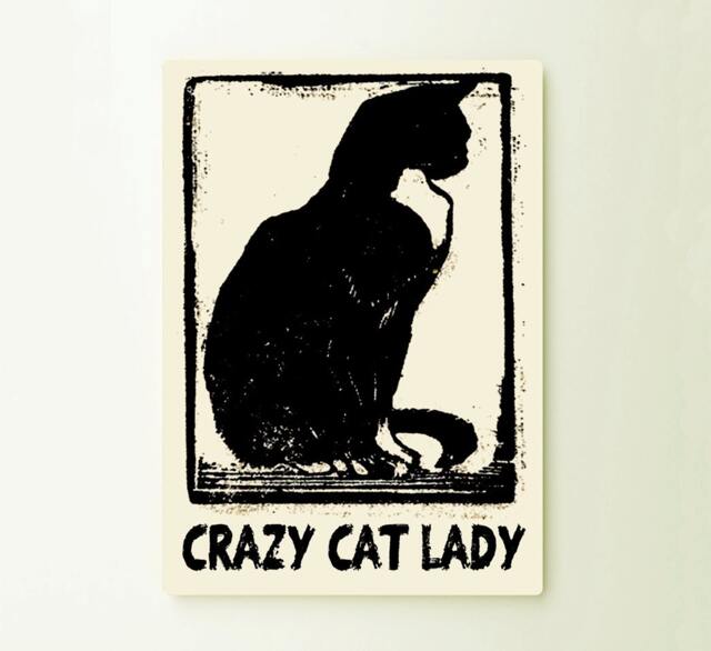 Crazy Cat Lady Art Typograhy Inspirational Quote Metal Wall Fine Prints, Sign Tin