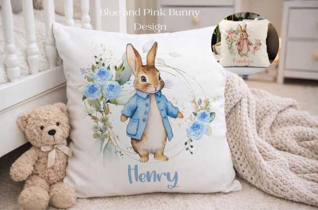 Personalised Bunny Cushion With Name Uk, Rabbit Baby Pillow, Custom Nursery Cushion, Blue Or Pink Gift, New Gift - image 1