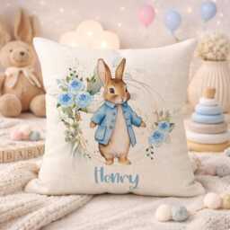 Personalised Bunny Cushion With Name Uk, Rabbit Baby Pillow, Custom Nursery Cushion, Blue Or Pink Gift, New Gift - thumbnail 3