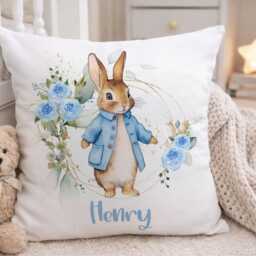 Personalised Bunny Cushion With Name Uk, Rabbit Baby Pillow, Custom Nursery Cushion, Blue Or Pink Gift, New Gift - thumbnail 2