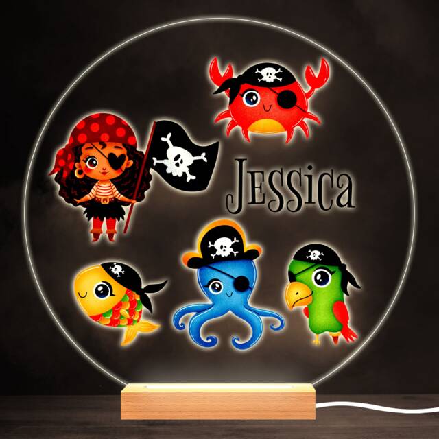 Pirate Girl Animals Colourful Round Personalised Gift Led Lamp Night Light - Bedroom - image 1