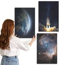 Canvas Set Of 3 - Space Earth Rocket Galaxy Sky Stars, Black Wall Art Print, & Astrology Hanging Piece - thumbnail 1