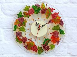 Round Glass Clock With Ripe Grapes & Autumn Leaves in Mediterranean Style, Handpainted Kitchen Wall Clock, Large Decorative Silent
