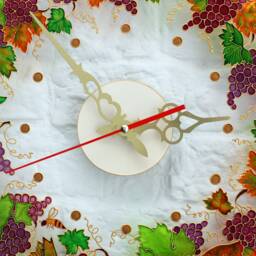 Round Glass Clock With Ripe Grapes & Autumn Leaves in Mediterranean Style, Handpainted Kitchen Wall Clock, Large Decorative Silent - thumbnail 3