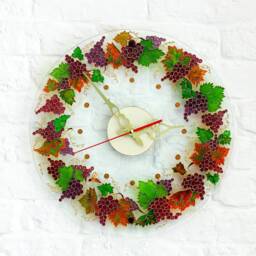 Round Glass Clock With Ripe Grapes & Autumn Leaves in Mediterranean Style, Handpainted Kitchen Wall Clock, Large Decorative Silent - thumbnail 2