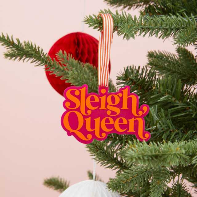 Sleigh Queen Christmas Tree Decoration - Acrylic Decorations Pink & Orange Bright Slogan Bauble Colourful - image 1