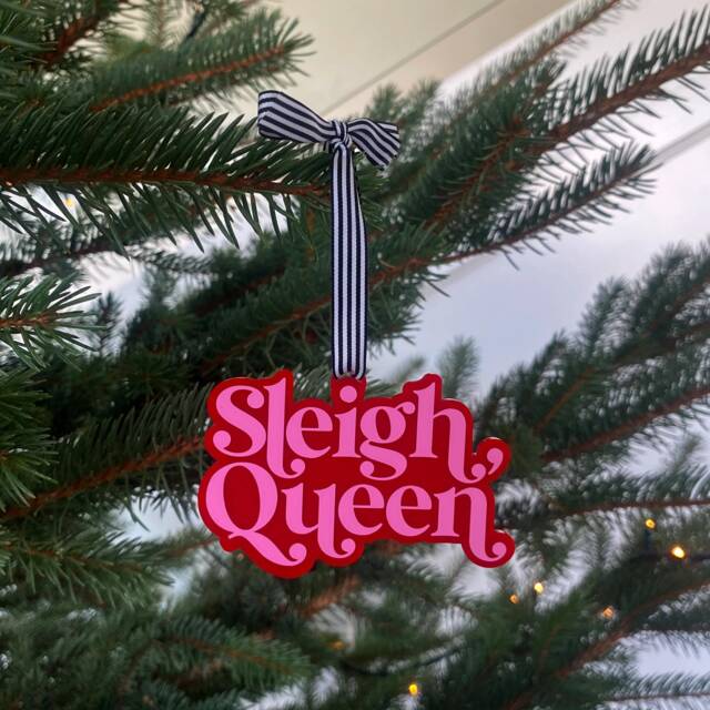Sleigh Queen Christmas Tree Decoration - Acrylic Decorations Pink & Orange Bright Slogan Bauble Colourful - image 1